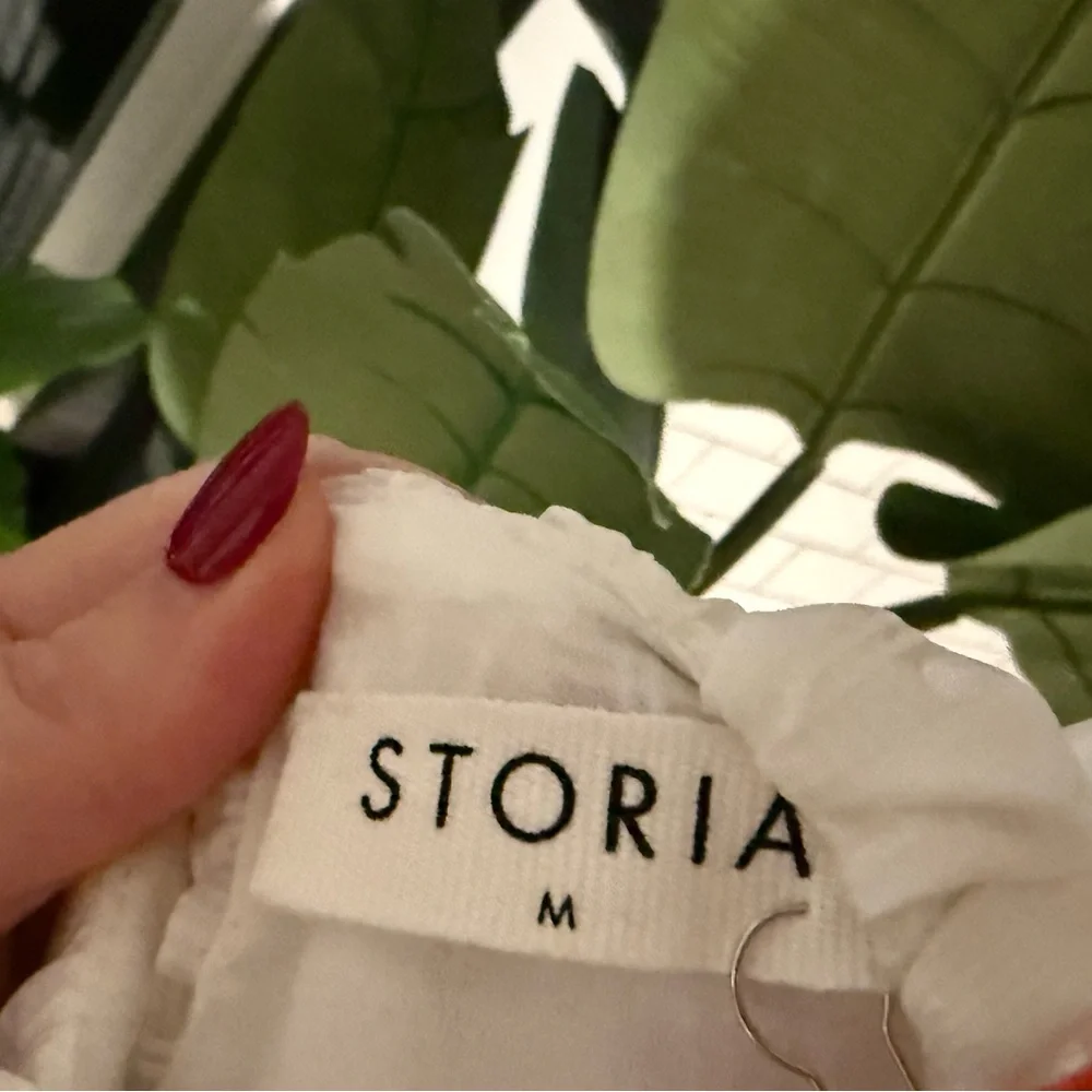 Storia Ivory Plaid Blouse Balloon Sleeve Cropped Elastic Waist. Romantic! - Picture 3 of 4